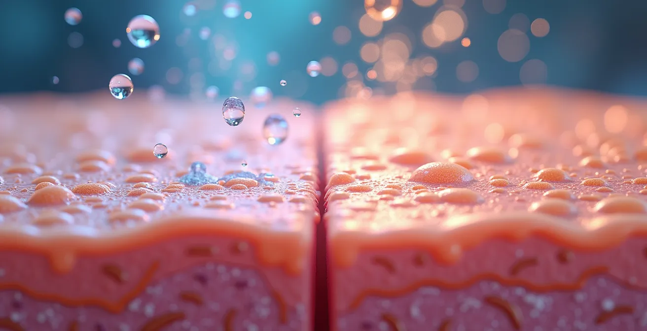 Wissenschaftliche Visualisierung einer dehydrierten Hautzelle neben einer normalen Hautbarriere, zeigt den Unterschied zwischen Feuchtigkeitsmangel und trockenem Hauttyp.
