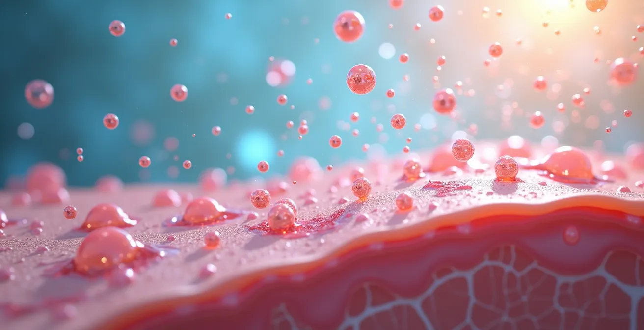 Illustration von schädlichen Umweltfaktoren wie Luftverschmutzung, UV-Strahlung und Stress, die die Hautbarriere angreifen