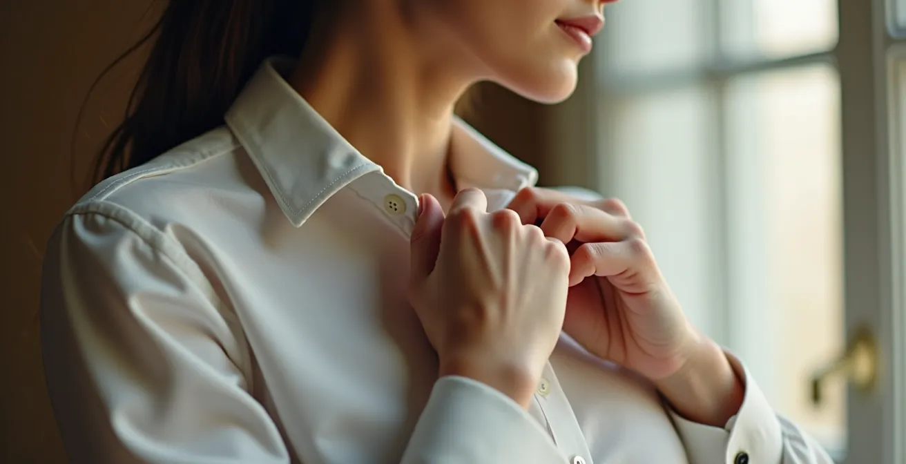 Nahaufnahme einer Person, die bewusst ein hochwertiges Kleidungsstück anzieht und dabei konzentriert, selbstbewusst wirkt