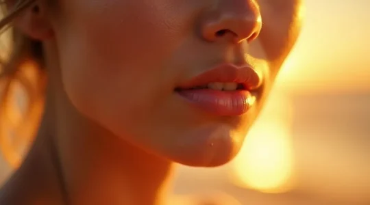 Eine Nahaufnahme einer strahlenden Gesichtshaut mit mattem Teint und feinen Poren, die durch sanfte Beleuchtung hervorghoben werden.