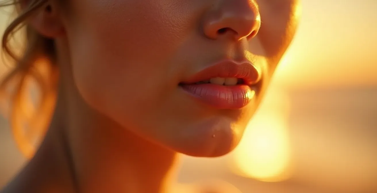 Eine Nahaufnahme einer strahlenden Gesichtshaut mit mattem Teint und feinen Poren, die durch sanfte Beleuchtung hervorghoben werden.