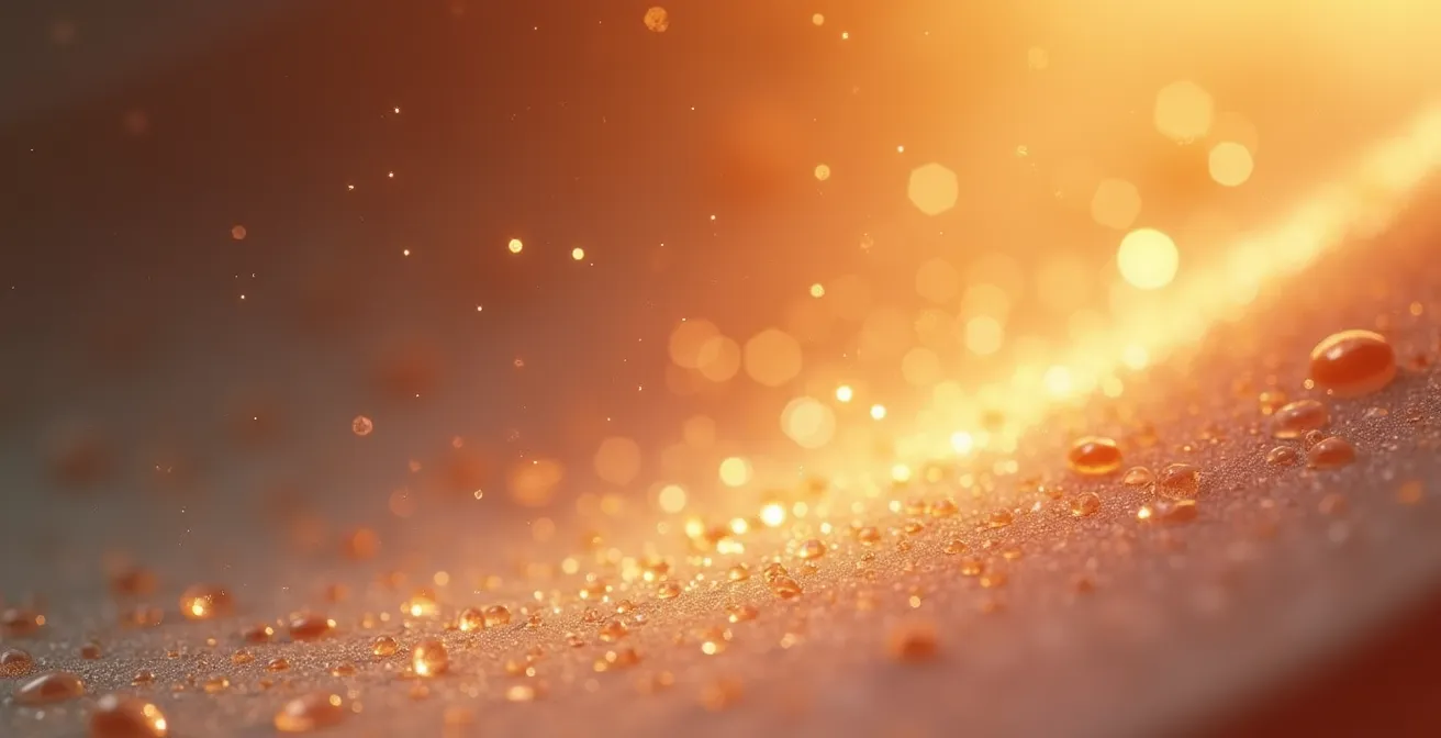 Detaillierte Darstellung der Hautstruktur mit glatten, strahlenden Hautzellen nach sanftem Peeling; zeigt den Kontrast zwischen matter, schuppiger Oberfläche und revitalisierter, leuchtender Haut mit optimaler Zellerneuerung