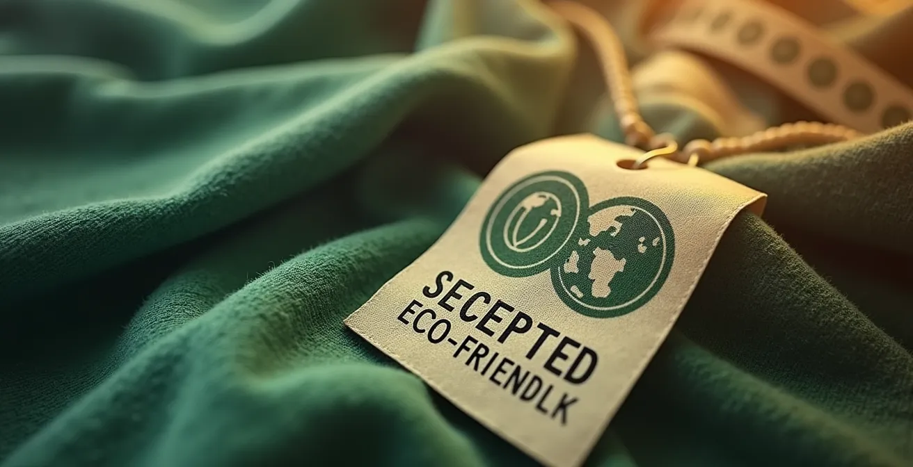 Symbolische Darstellung der Lügen hinter nachhaltiger Mode - Masken und Verpackungen mit grünem Label enthüllen die wahre Realität darunter.