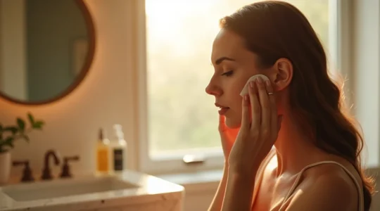 Illustration einer Frau bei ihrer täglichen Hautpflegeroutine mit Schichten von Reinigung, Seren und Feuchtigkeitscreme