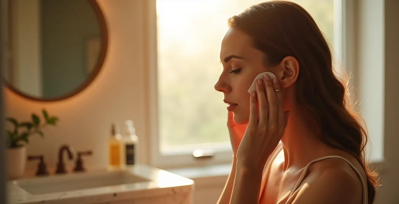 Illustration einer Frau bei ihrer täglichen Hautpflegeroutine mit Schichten von Reinigung, Seren und Feuchtigkeitscreme