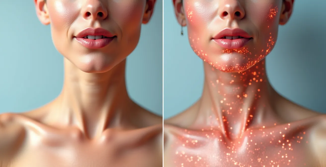 Anatomische Darstellung von Hals und Dekolleté mit sichtbarem Kollagenabbau durch UV-Strahlung und vernachlässigten Sonnenschutz