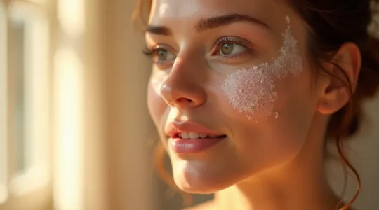 Nahaufnahme eines weiblichen Gesichts mit strahlender, frisch gepeelter Haut unter sanftem Licht