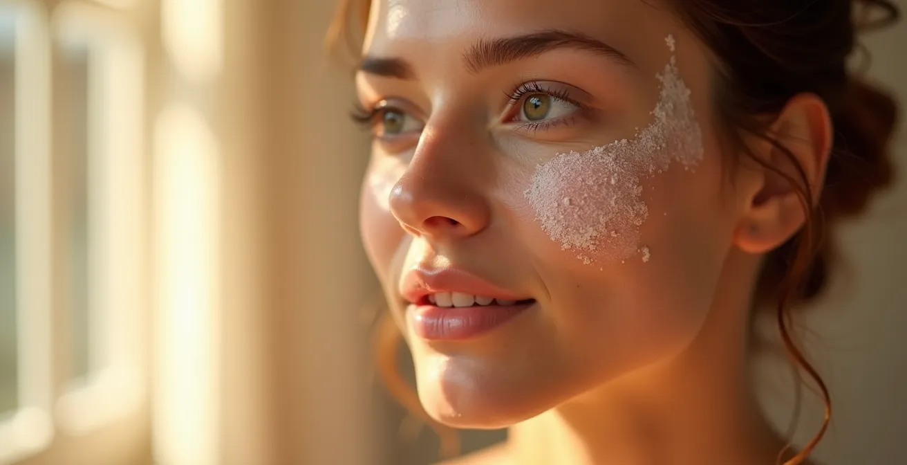 Nahaufnahme eines weiblichen Gesichts mit strahlender, frisch gepeelter Haut unter sanftem Licht