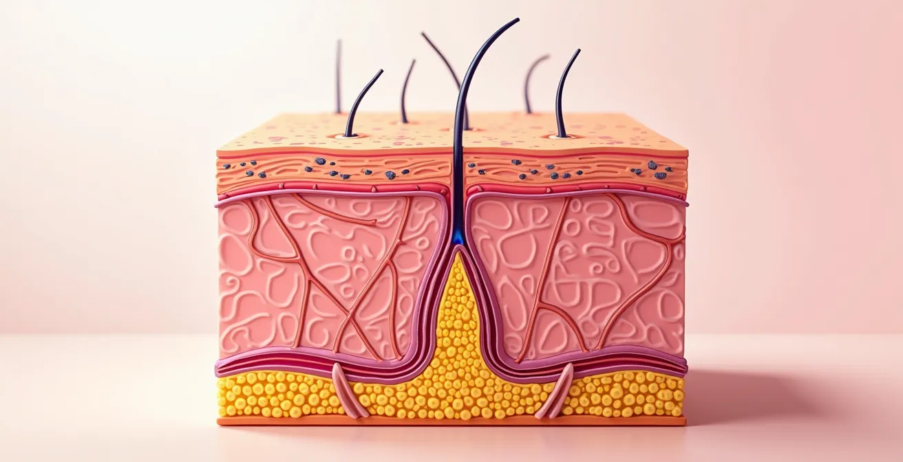 Grafische Darstellung der Hautschichten mit Fokus auf Kollagen, Elastin und ihren Einfluss auf Porengröße