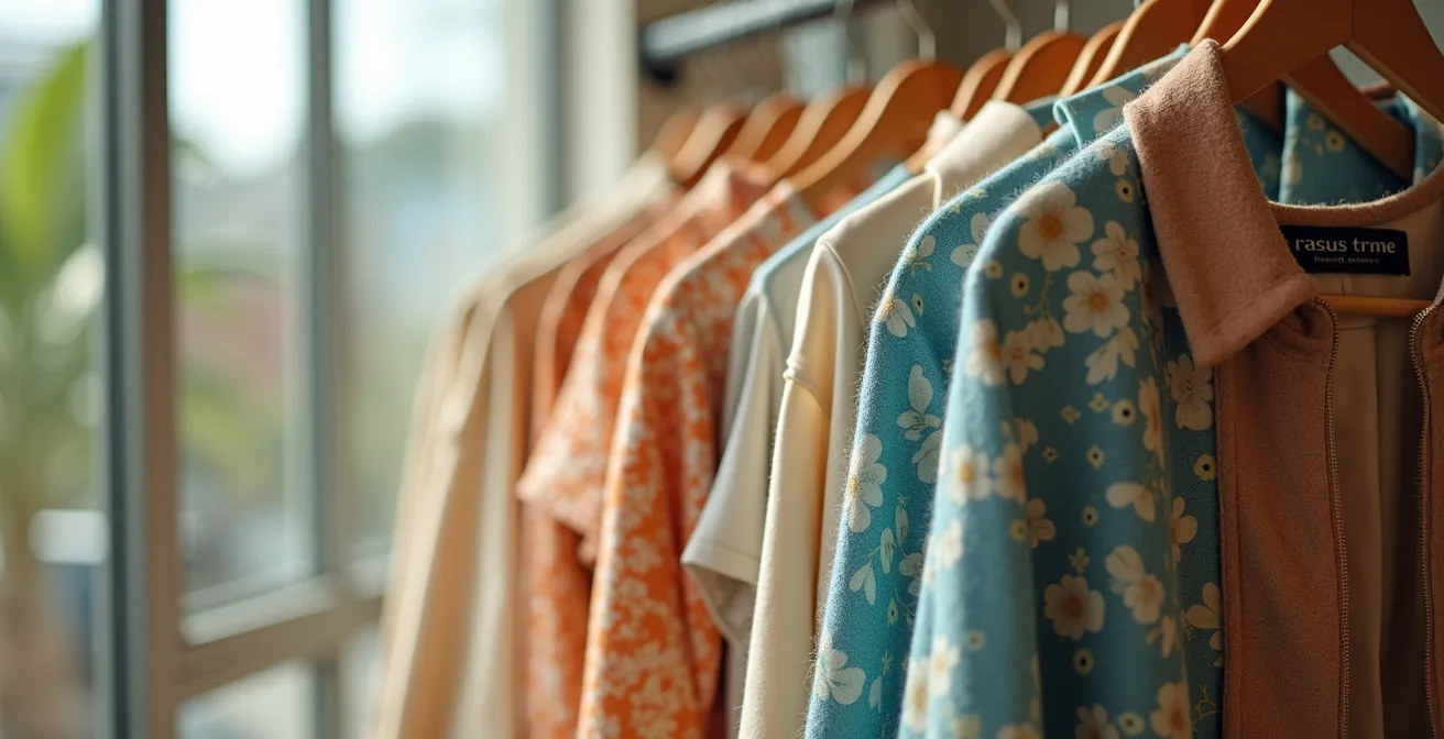 Symbolische Darstellung nachhaltiger Mode mit recycelten Hightech-Stoffen, PET-Flaschen und Pflanzenfasern in moderner urbaner Umgebung