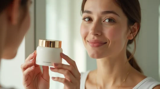 Frau mit strahlender Haut betrachtet verschiedene Gesichtsreinigungsprodukte in modernem Badezimmer