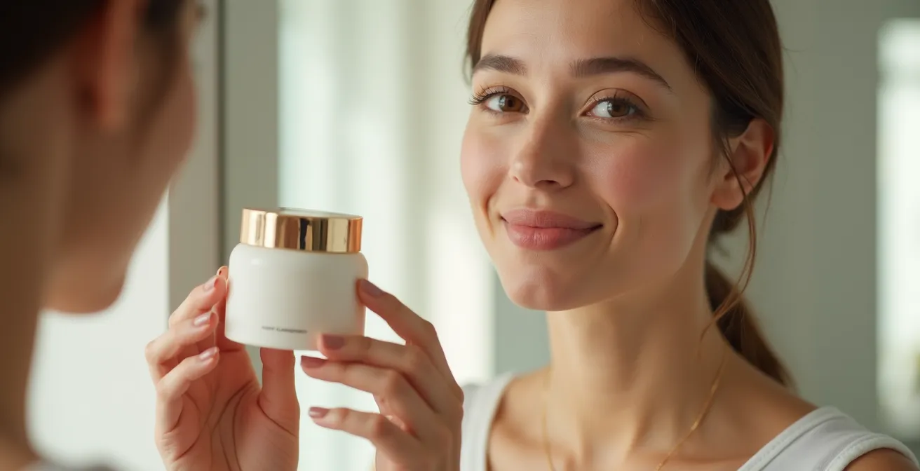 Frau mit strahlender Haut betrachtet verschiedene Gesichtsreinigungsprodukte in modernem Badezimmer