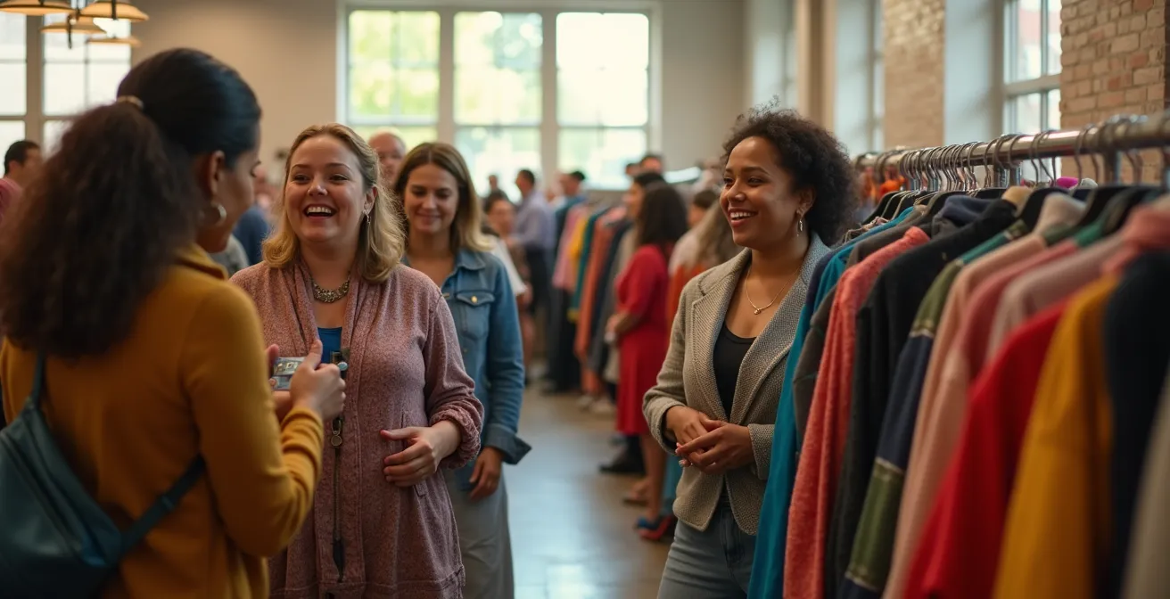 Eine lebendige Szene einer Kleidertausch-Party mit Teilnehmern, die Kleidung auswählen, sich beraten und gemeinsam in gemütlicher Atmosphäre neue Teile entdecken.