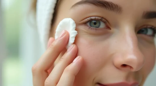 Frau reinigt ihr Gesicht sanft mit Wattepad und Make-up Entferner, Symbol für effektives Abschminken