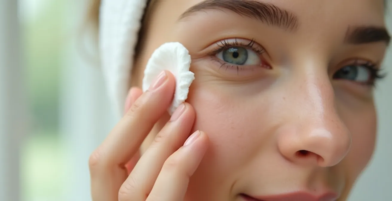Frau reinigt ihr Gesicht sanft mit Wattepad und Make-up Entferner, Symbol für effektives Abschminken