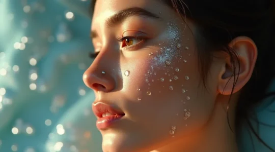 Symbolisches Bild einer gesunden, strahlenden Haut umgeben von Feuchtigkeit und Hautpflegeelementen