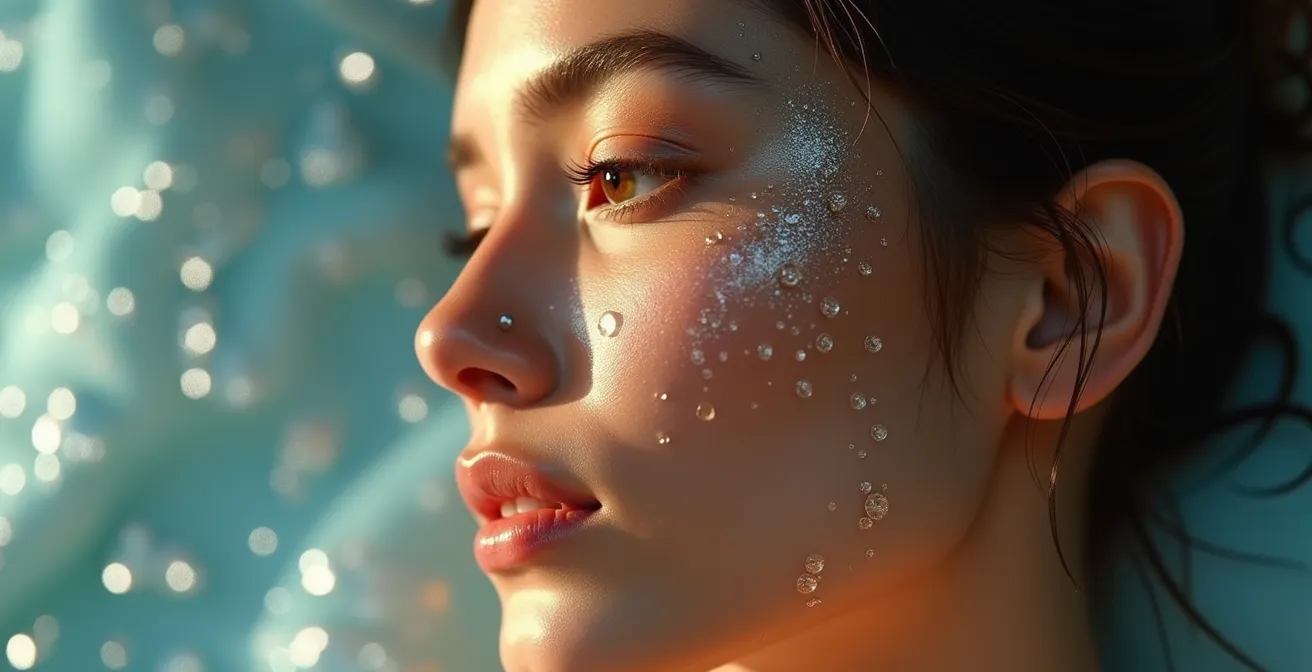 Symbolisches Bild einer gesunden, strahlenden Haut umgeben von Feuchtigkeit und Hautpflegeelementen