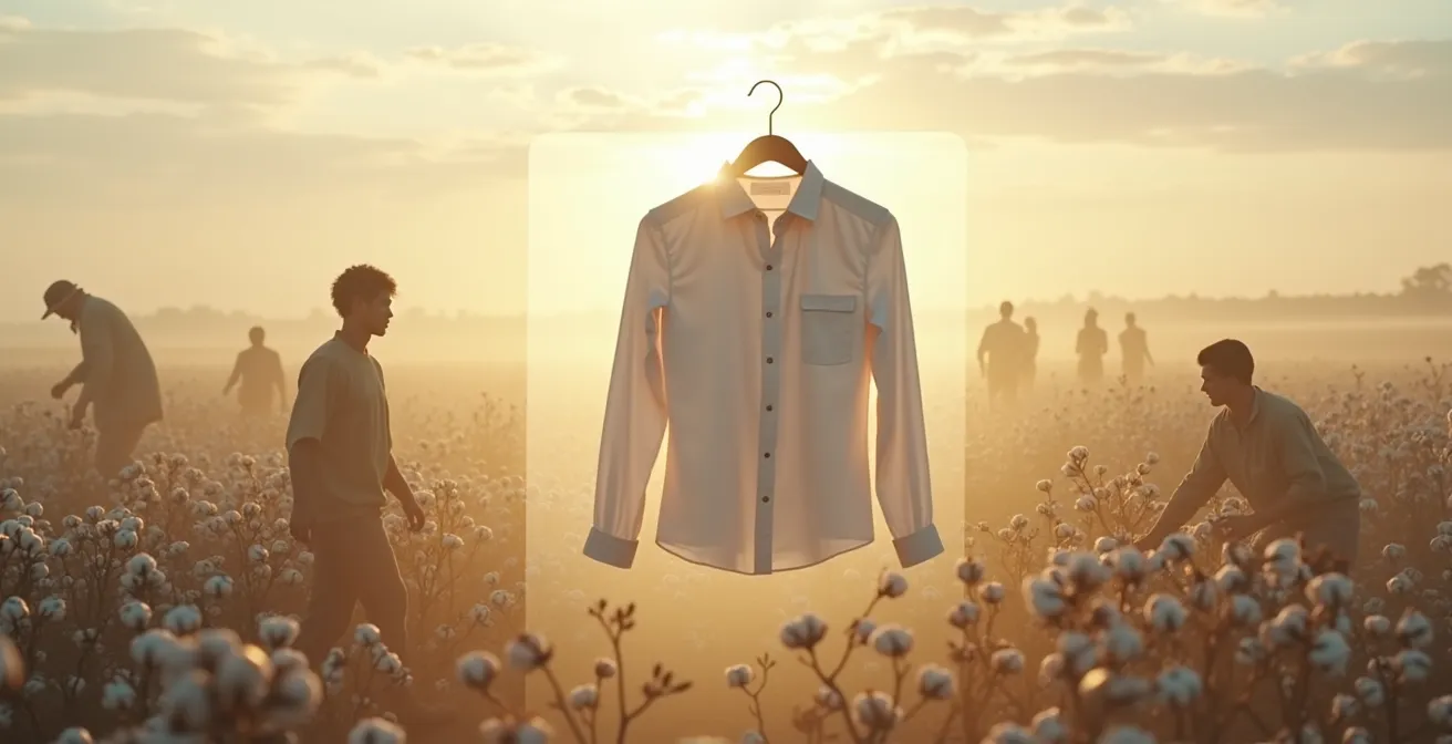 Ein fertig gehendes Hemd mit durchschimmernden Lieferkettenschichten, die zeigen: Baumwollfeld, Färberei, Näherei und faire Arbeitsbedingungen