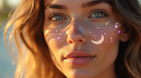 Frau mit strahlendem Teint, umgeben von symbolischen Elementen von innen heraus strahlender Schönheit wie Wasser, Nährstoffe, Schlaf und Entspannung