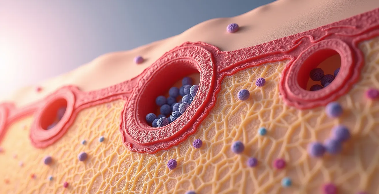 Querschnitt einer Porenstruktur, die zeigt, wie sich Talg, abgestorbene Hautzellen und Cutibacterium acnes-Bakterien in einem anaeroben Milieu unter einer verschlossenen Hornschicht ansammeln