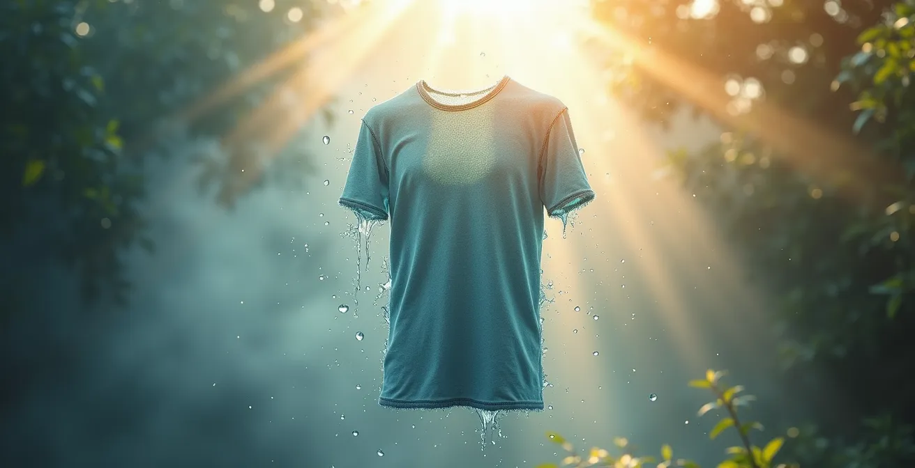 Symbolische Darstellung eines Kleidungsstücks mit sichtbaren Umweltauswirkungen durch Wasserflüsse, Kohlenstoffemissionen und Mikroplastik-Partikel, die die versteckten Kosten der Mode zeigen.