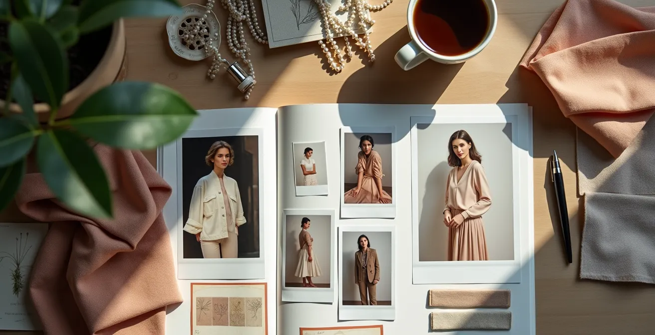 Kreatives Moodboard mit Zeitschriften-Ausschnitten, Stoffproben und Fotos in warmen neutralen Tönen