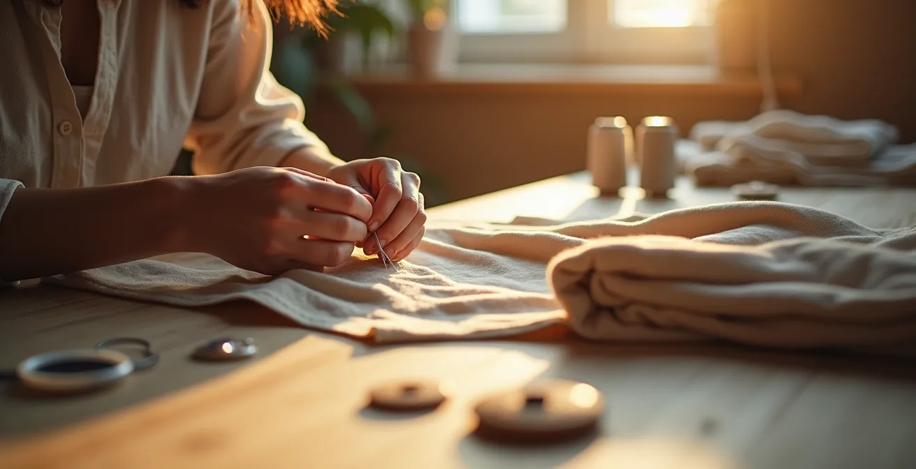 Nahaufnahme von Händen, die sorgfältig ein Kleidungsstück reparieren, mit natürlichen Stoffen und Werkzeugen