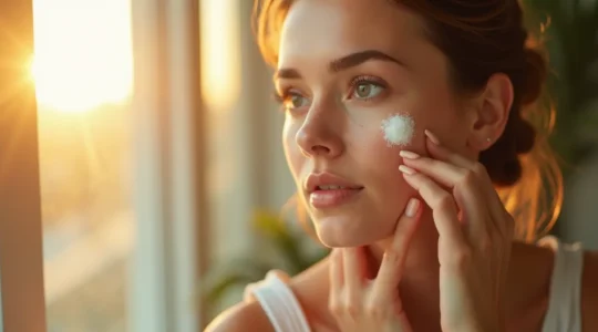 Eine Frau in heller Morgenbeleuchtung trägt sorgfältig Sonnencreme auf ihr Gesicht auf, strahlende und gesunde Haut sichtbar