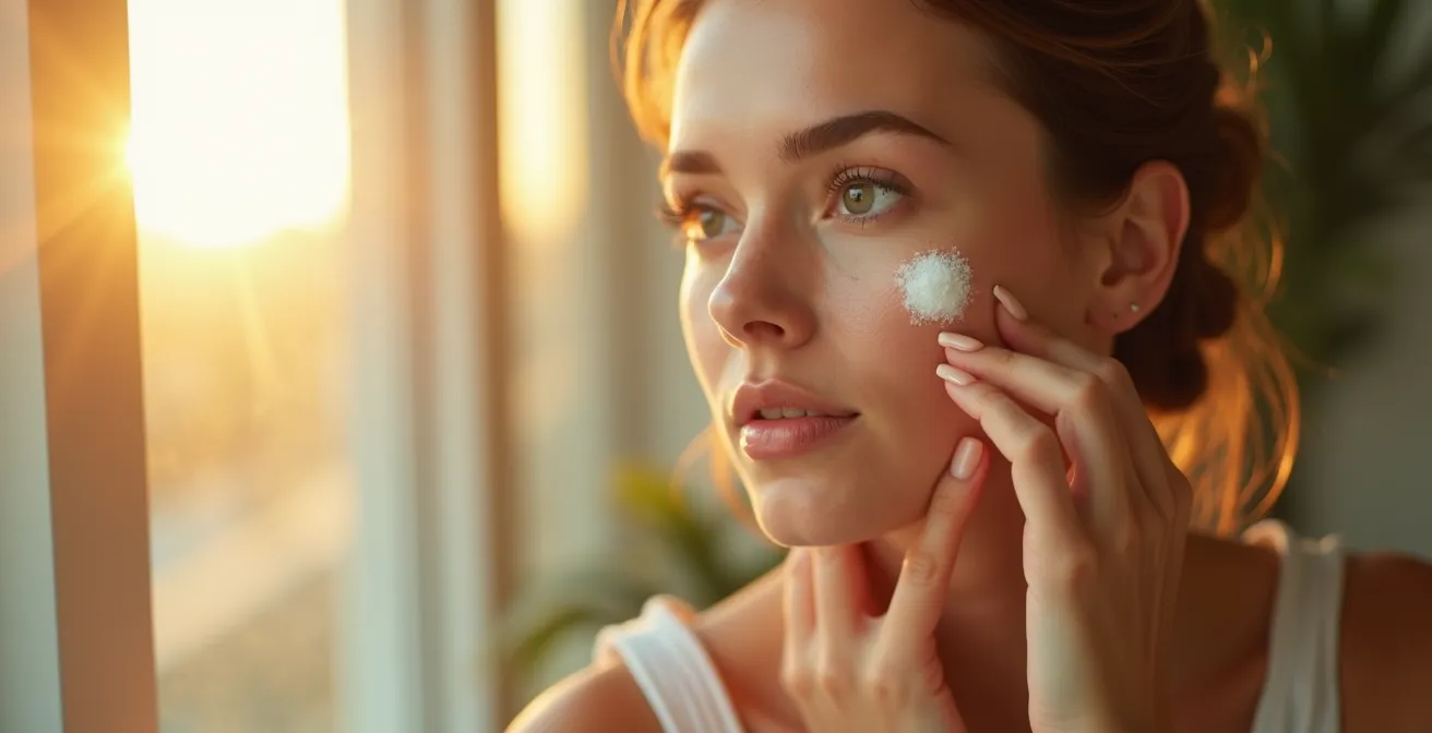 Eine Frau in heller Morgenbeleuchtung trägt sorgfältig Sonnencreme auf ihr Gesicht auf, strahlende und gesunde Haut sichtbar