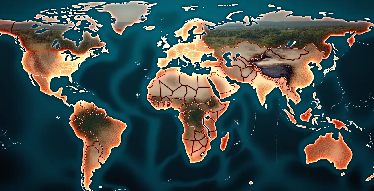 Komplexe Darstellung einer globalen Textil-Lieferkette mit versteckten Problemen: Niedrige Löhne, lange Arbeitsstunden, gefährliche Arbeitsbedingungen und Kinderarbeit in Produktionsländern.