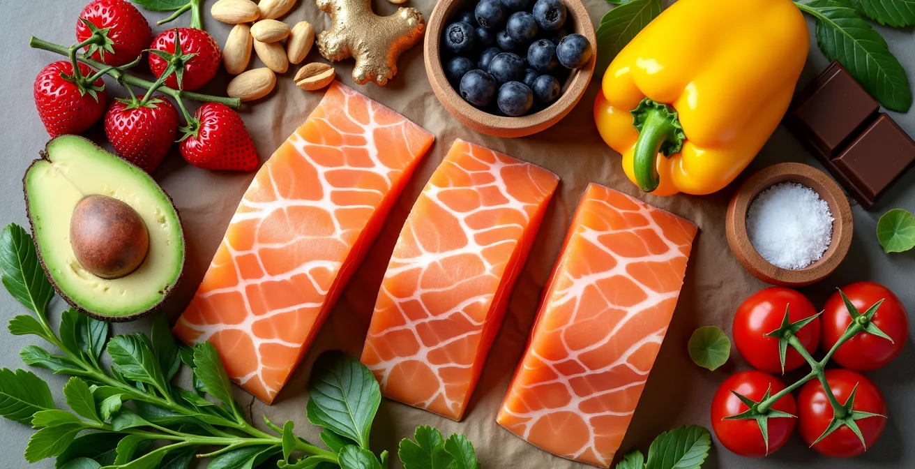 Flat-lay Anordnung von zehn farbenfrohen Lebensmitteln – Lachs, Paprika, Beeren, Nüsse, grünes Blattgemüse, Avocado, Tomaten – auf neutralem Hintergrund mit natürlichem Licht