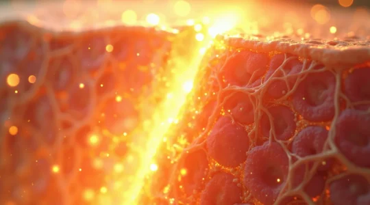 Symbolische Darstellung der UV-Strahlen, die in menschliche Haut eindringen und Kollagenfasern abbauen, mit zeigten Alterserscheinungen