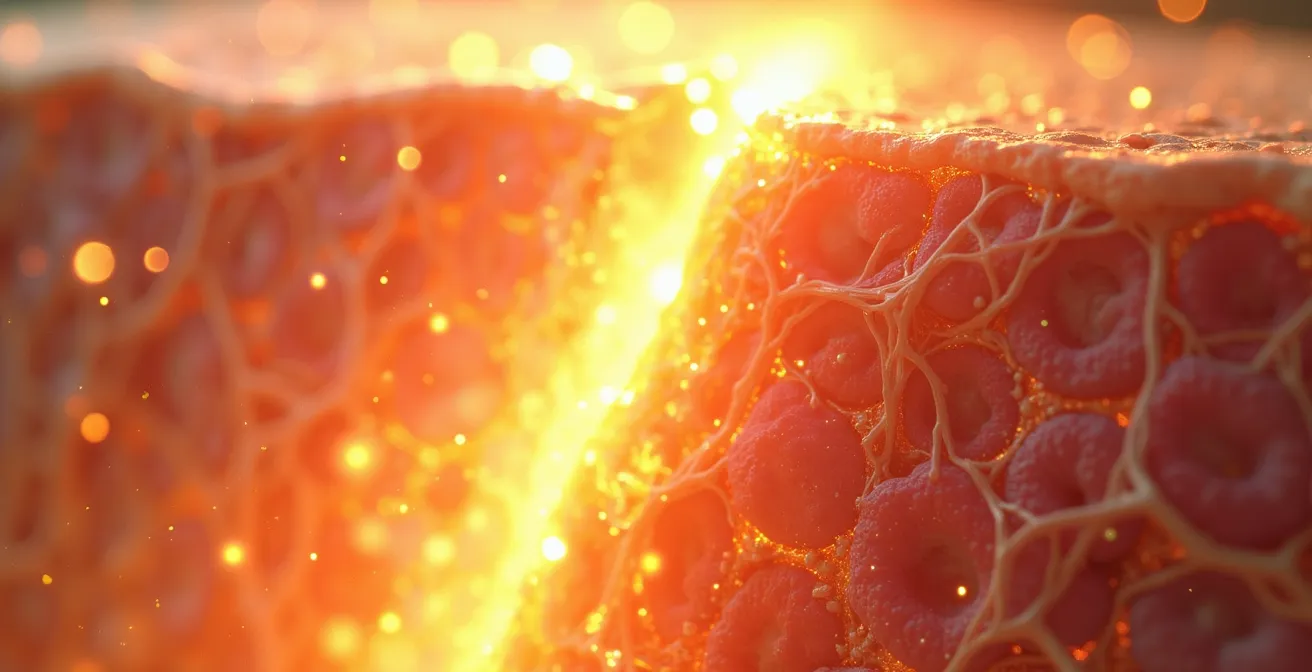 Symbolische Darstellung der UV-Strahlen, die in menschliche Haut eindringen und Kollagenfasern abbauen, mit zeigten Alterserscheinungen