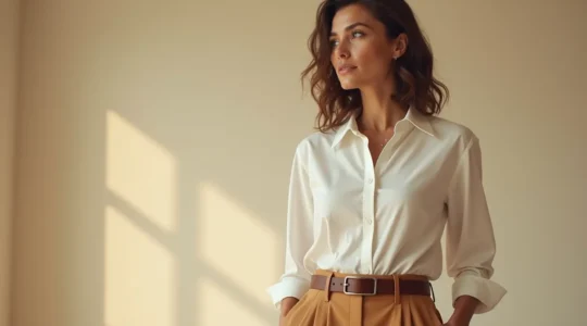 Eine elegant gekleidete Frau in klassischen, zeitlosen Kleidungsstücken, die Authentizität und persönlichen Stil ausstrahlt