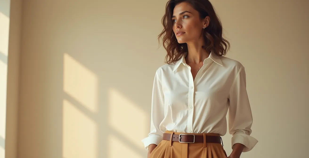 Eine elegant gekleidete Frau in klassischen, zeitlosen Kleidungsstücken, die Authentizität und persönlichen Stil ausstrahlt