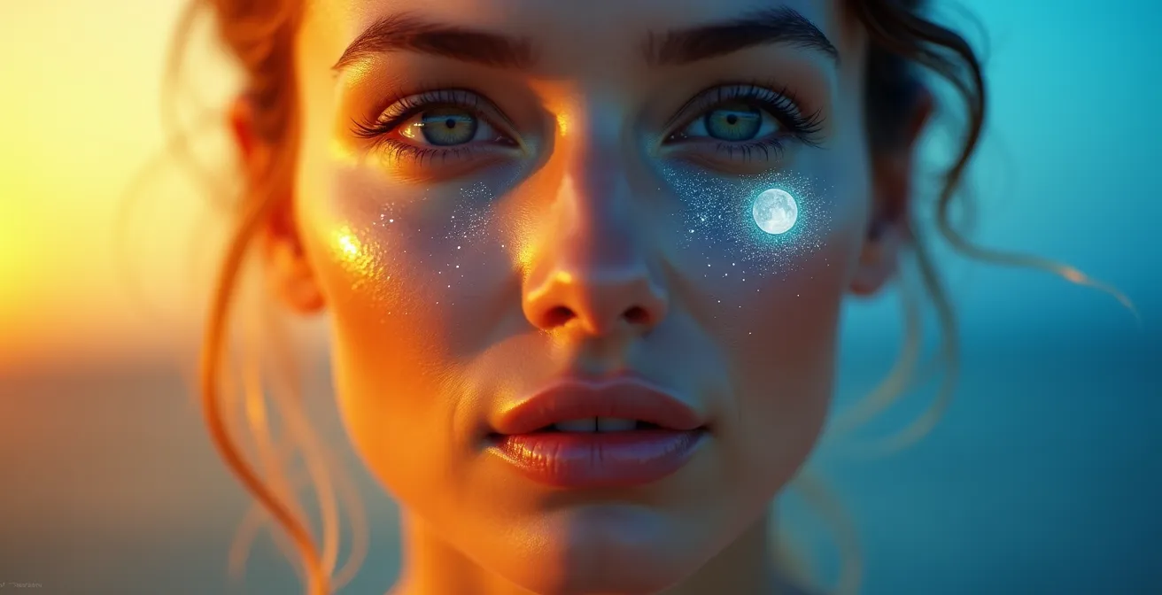 Split-Screen Darstellung der Haut am Tag und in der Nacht mit symbolischer Visualisierung des zirkadianen Rhythmus