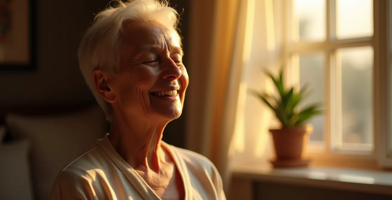 Nahaufnahme einer entspannten Person beim meditativen Atmen in warmer Abendsonne