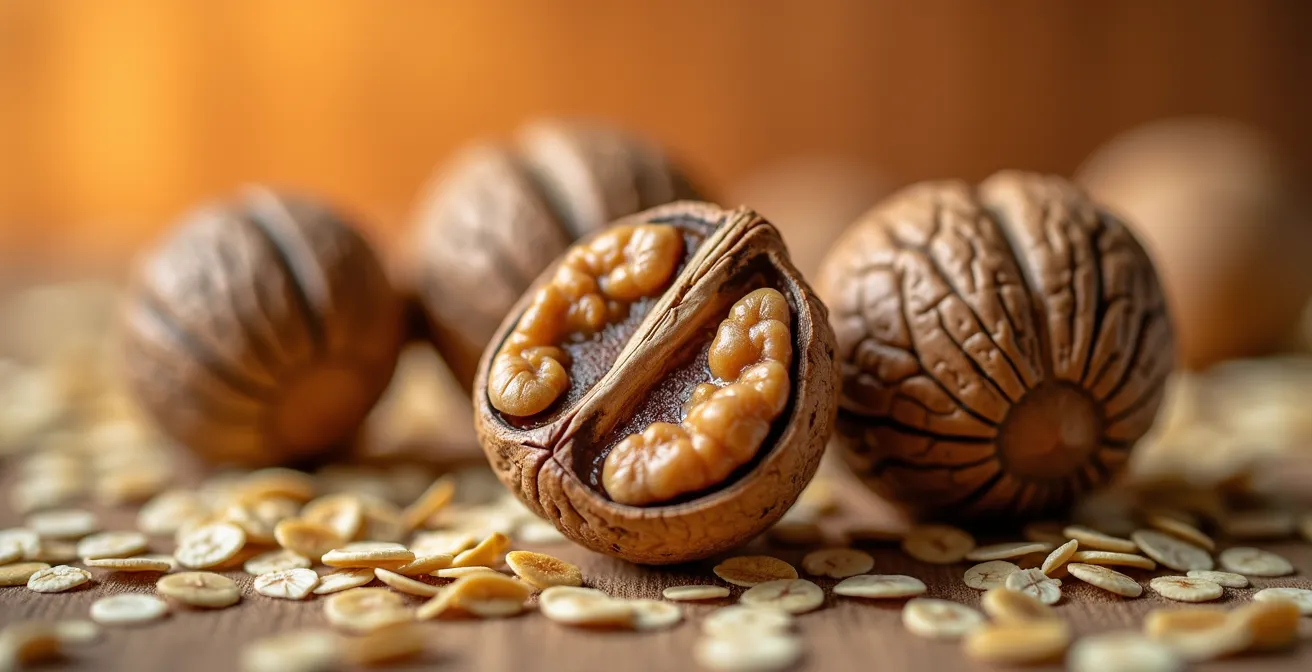 Auswahl biotinreicher Lebensmittel aus deutschen Supermärkten wie Walnüsse, Haferflocken und Pilze