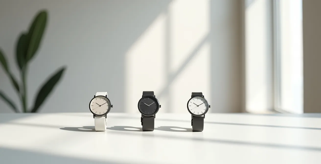 Eine Auswahl stilvoller und erschwinglicher deutscher Automatikuhren unter 500 Euro, minimalistisch auf einem Studiotisch arrangiert.