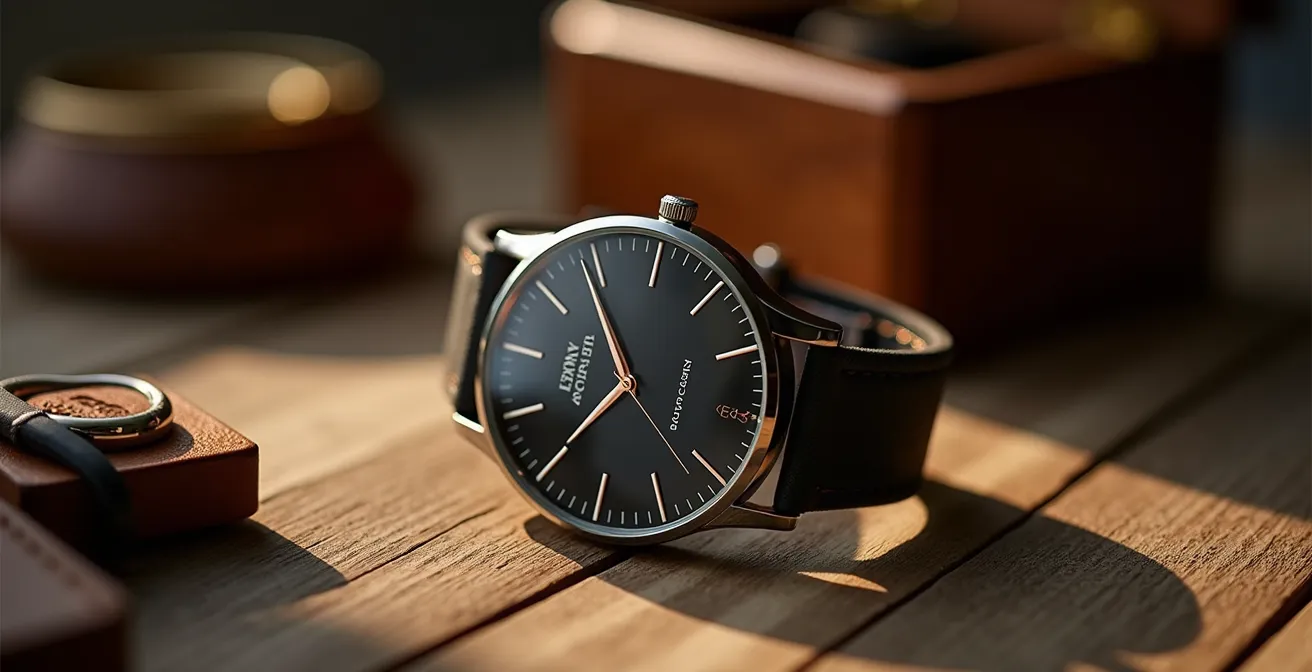 Minimalistische deutsche Armbanduhr im Bauhaus-Stil auf natürlichem Holz