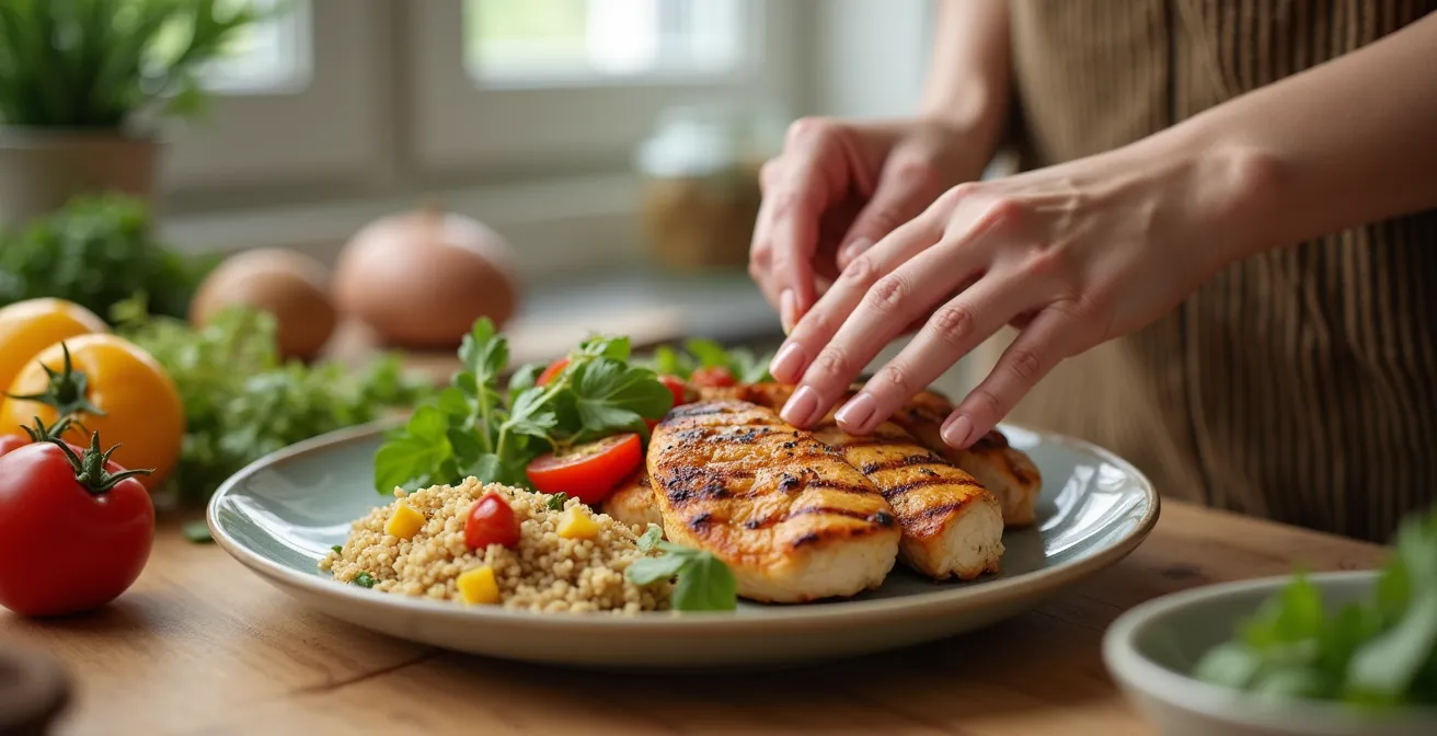 Ausgewogene Mahlzeit mit proteinreichen Lebensmitteln und frischem Gemüse, die eine gesunde Gewichtsabnahme ohne Haarverlust unterstützt.