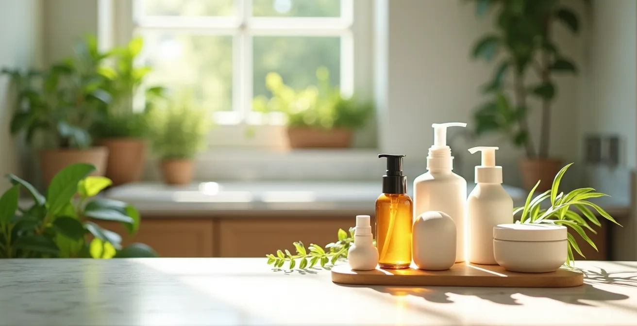 Ein minimalistisch eingerichtetes Badezimmer mit Kosmetikprodukten in nachhaltigen Verpackungen, umgeben von grünen Pflanzen.