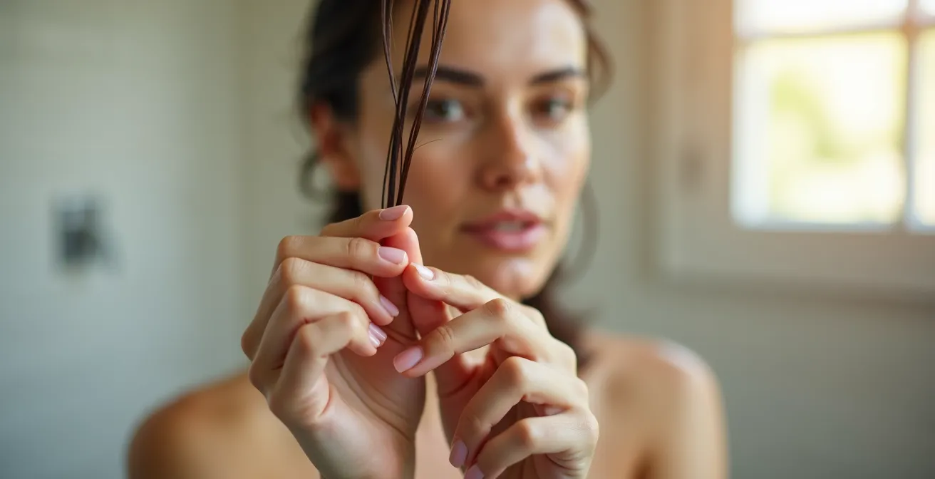 Nahaufnahme eines Haartests zur Bestimmung der Protein-Feuchtigkeits-Balance