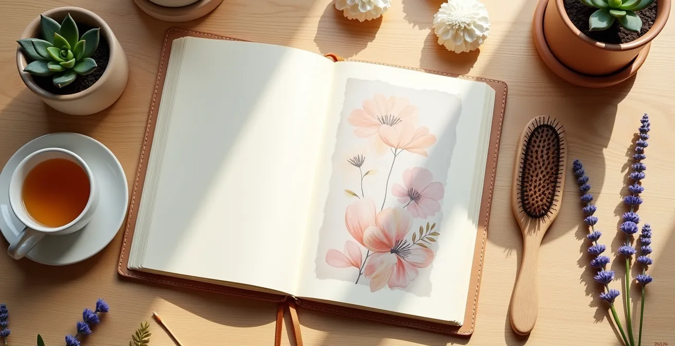 Aufgeschlagenes Gesundheitstagebuch mit Notizen zur Haargesundheit