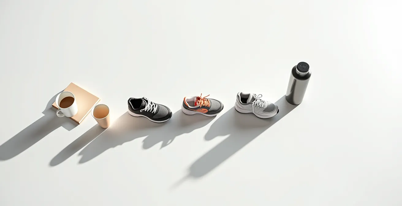 Visualisierung der Habit-Stacking-Methode im deutschen Alltag, bei der Alltagsgegenstände wie Dominosteine aneinandergereiht sind.