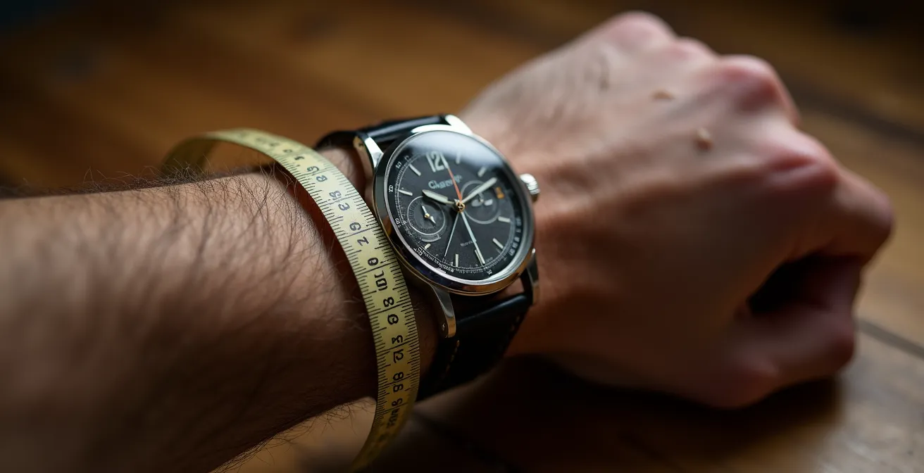 Messung der perfekten Uhrengröße am Handgelenk mit einer eleganten Vintage-Uhr, die die ideale Proportion zeigt.
