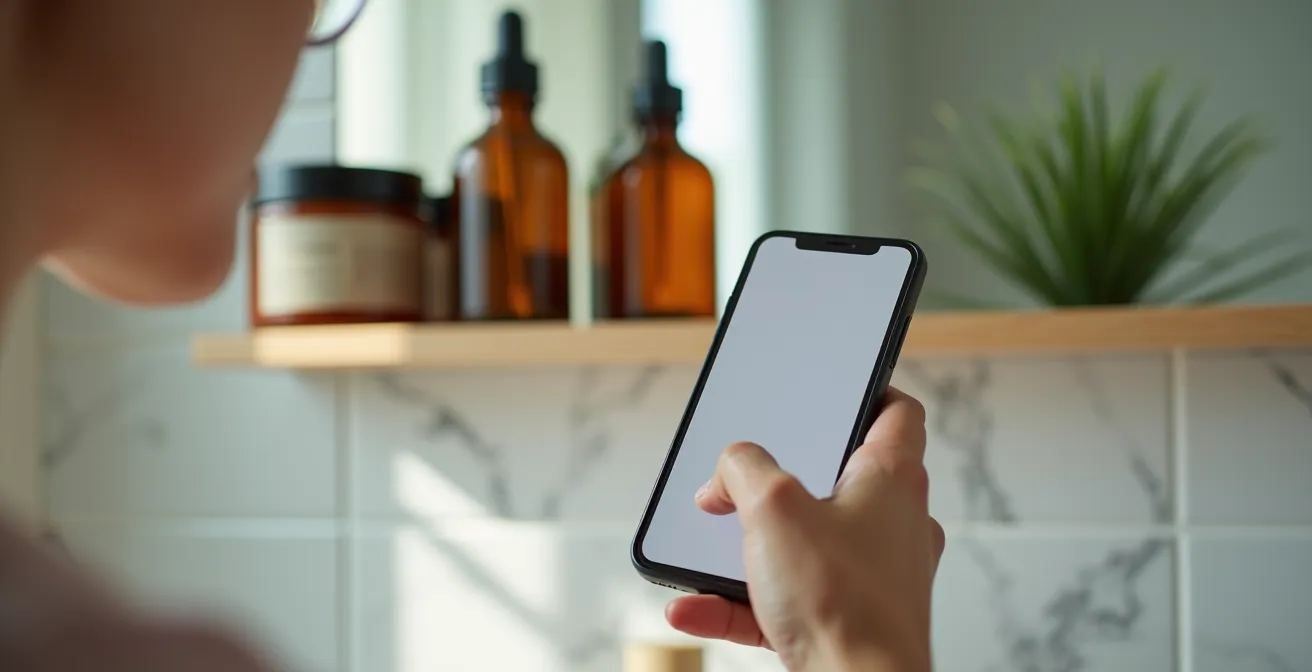 Eine Person hält ein Smartphone in der Hand, auf dem eine App zur Analyse von Kosmetikinhaltsstoffen angedeutet ist.