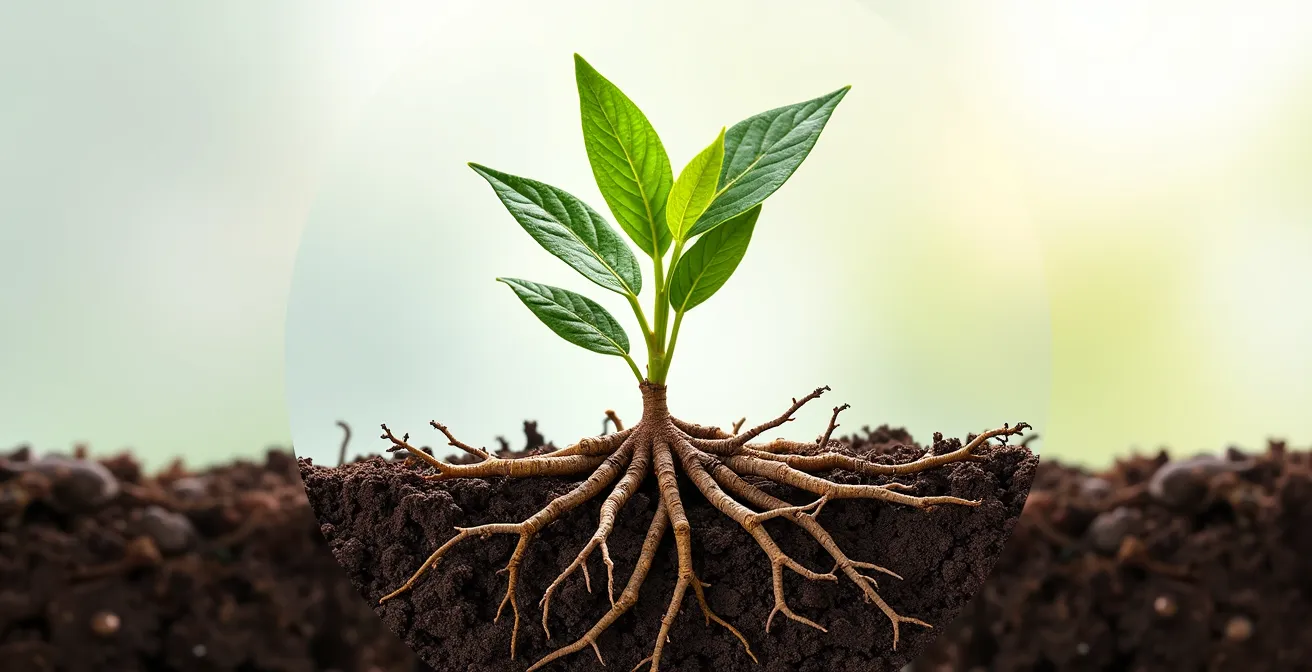 Symbolische Darstellung des Kopfhaut-Mikrobioms und der Nährstoffversorgung als Wurzeln in fruchtbarer Erde