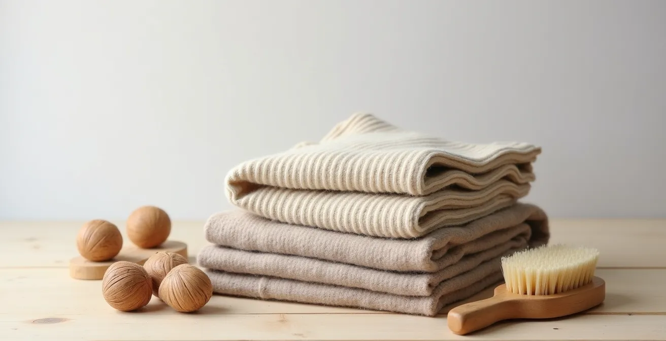 Hochwertiger Kaschmirpullover liegt sorgfältig gefaltet neben Pflegeprodukten in minimalistischem Setting