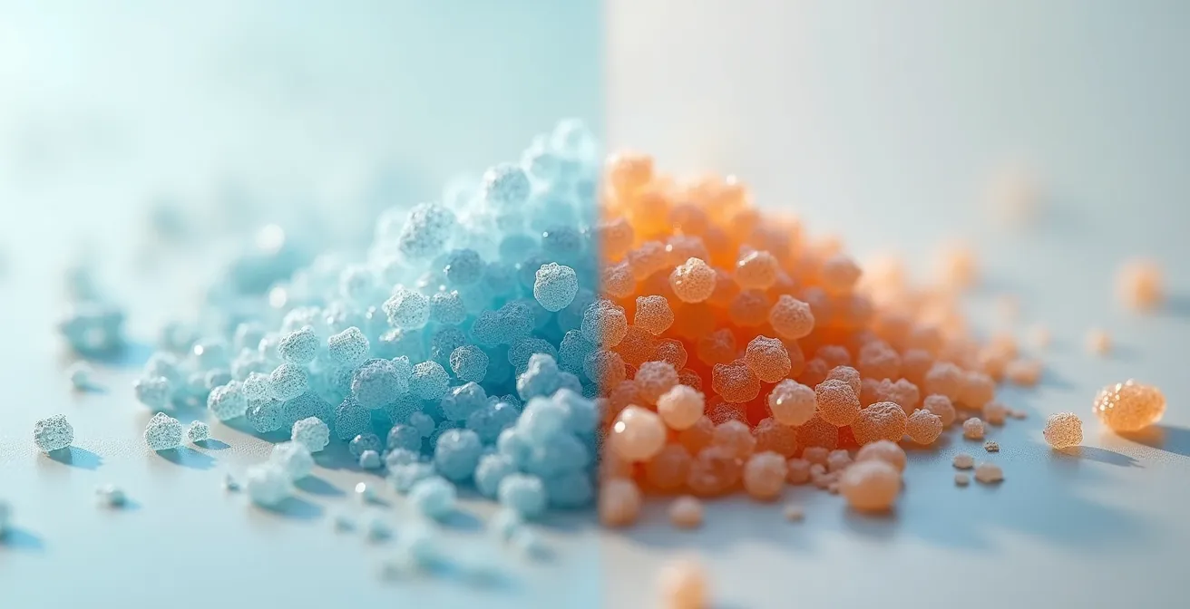 Makroaufnahme von Mikroplastikpartikeln neben natürlichen Inhaltsstoffen wie Salzkristallen und pflanzlichen Ölen